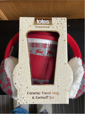 Totes Toasties Ceramic Travel Mug & Earmuff Set Red Color (LOC BK-19)